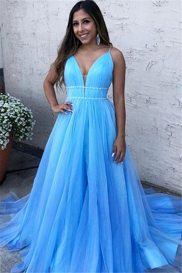 SKY BLUE SPAGHETTI-STRAPS A-LINE TULLE SLEEVELESS PROM DRESS HZ1023